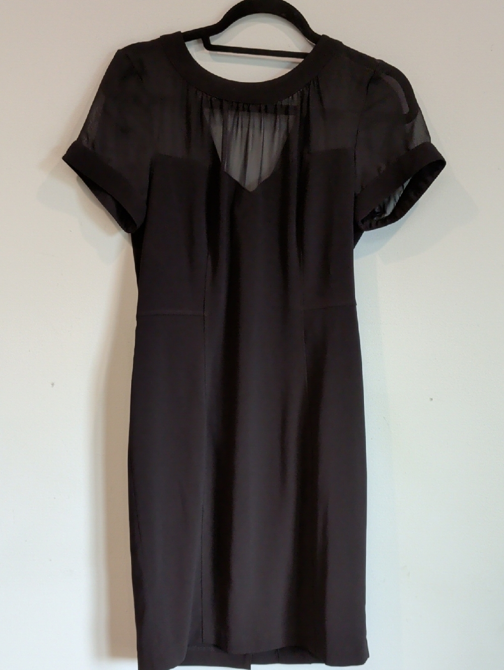 ECI Black Short-Sleeve Midi Dress with Sheer Yoke 6 NWOT